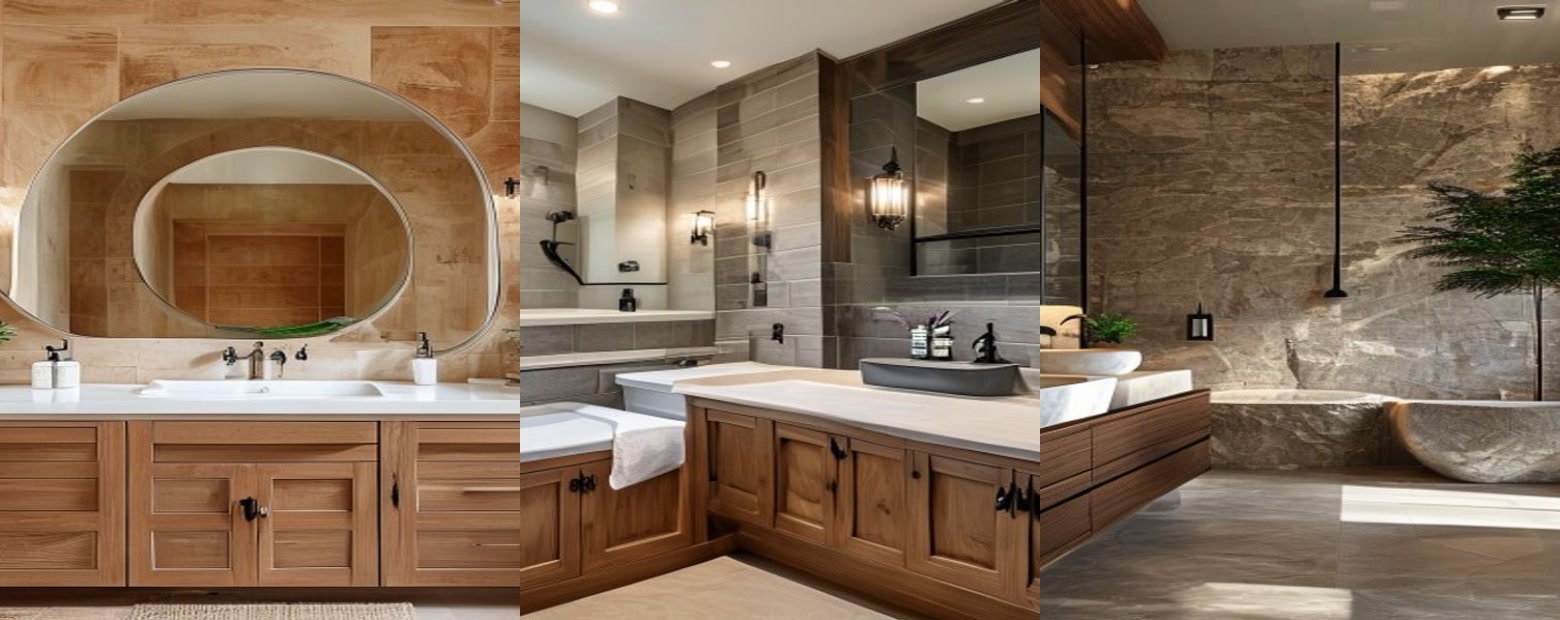 Representative Calgary bathroom renovation project styles showing terracotta oak, slate oak, and calm spa bathrooms