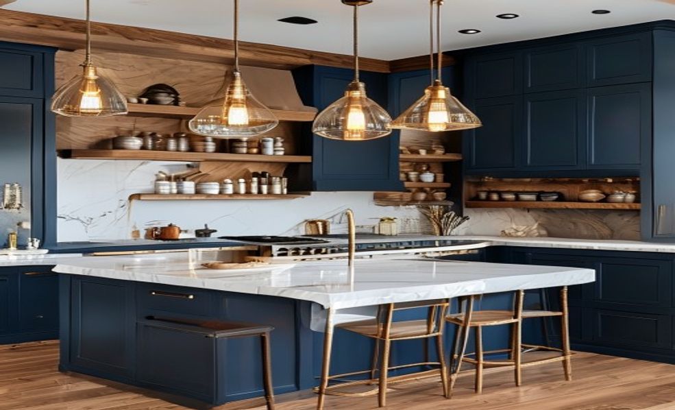 Navy and brass kitchen renovation style in Calgary