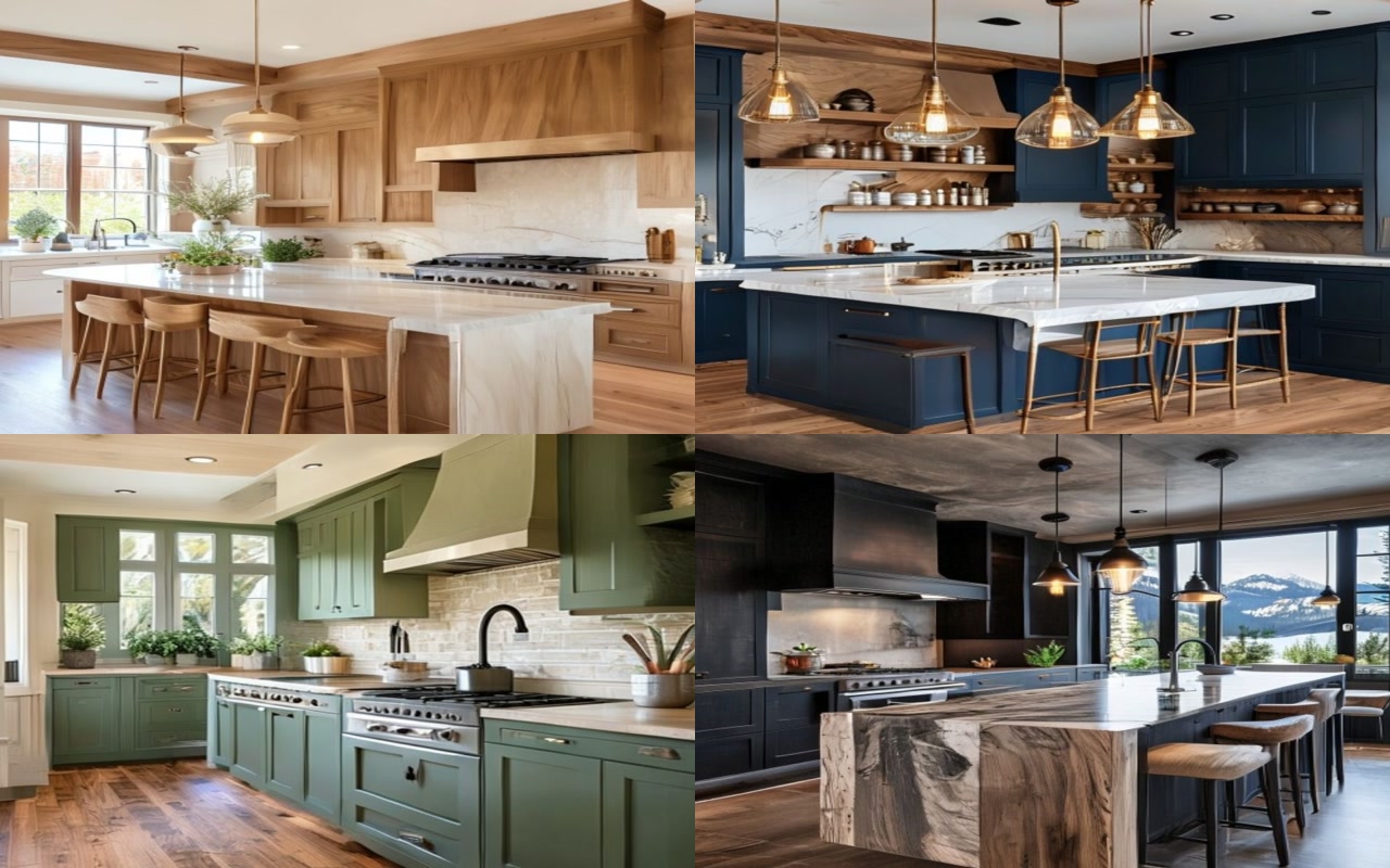 Representative Calgary kitchen renovation project styles showing warm oak, navy brass, sage stone, and charcoal walnut kitchens