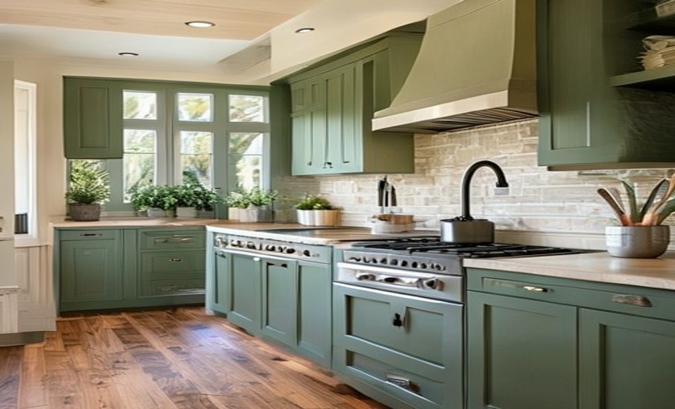 Sage green and stone kitchen renovation style in Calgary