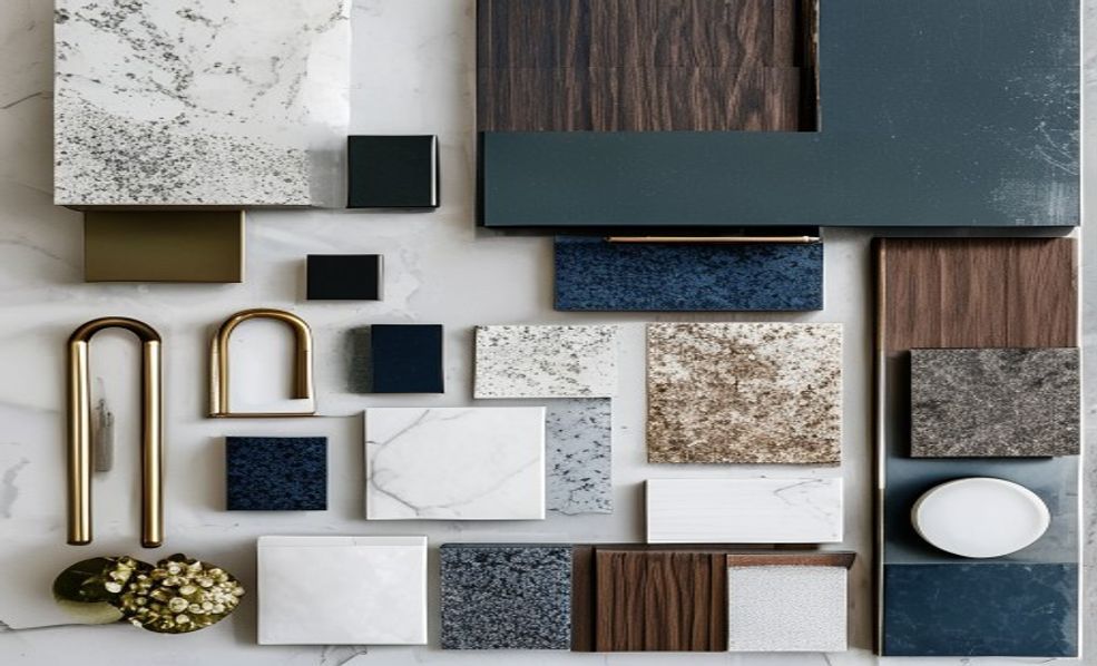 Calgary kitchen and bathroom material samples on a planning table