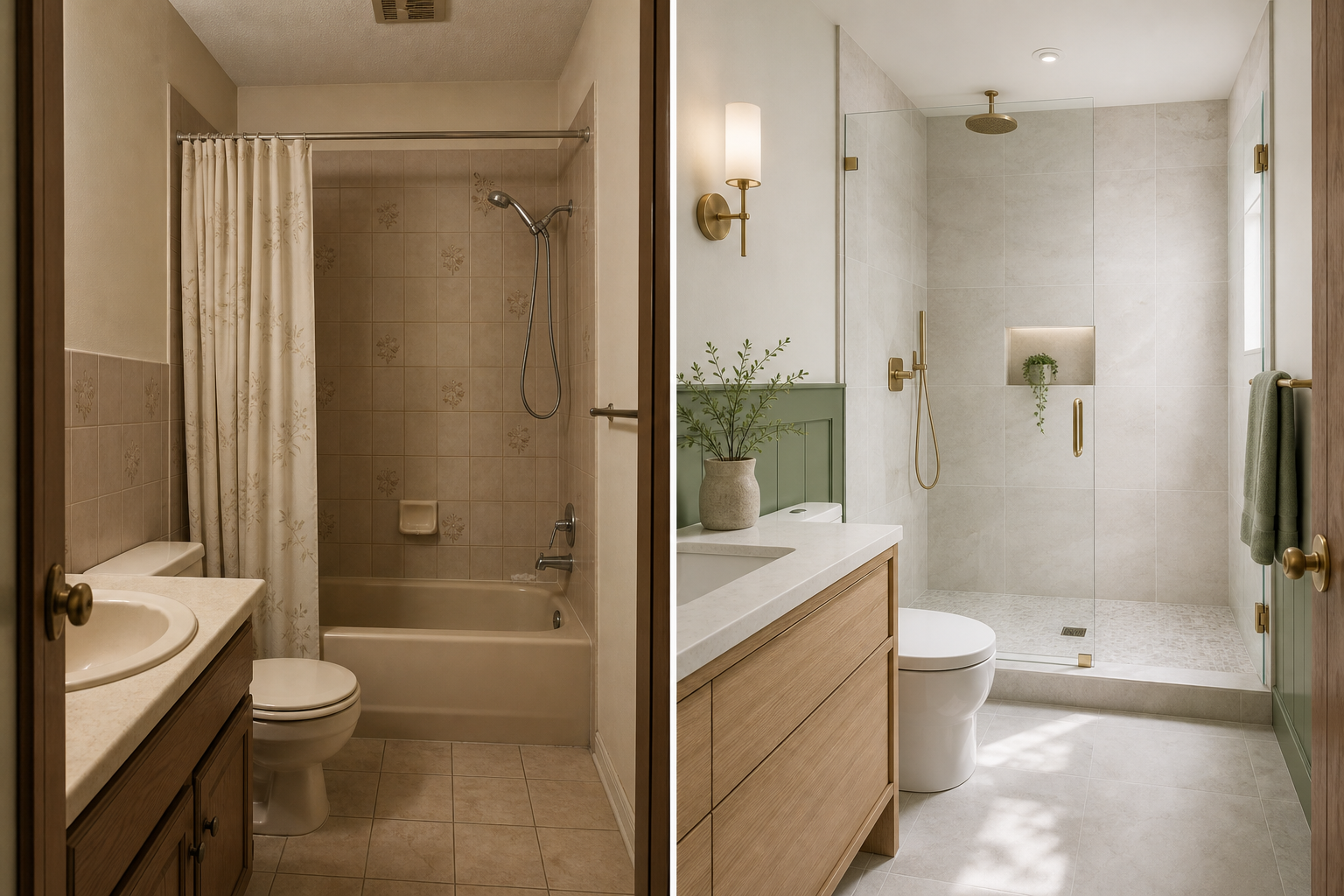 Calgary bathroom renovation before and after, dated layout transformed into a tiled walk-in shower