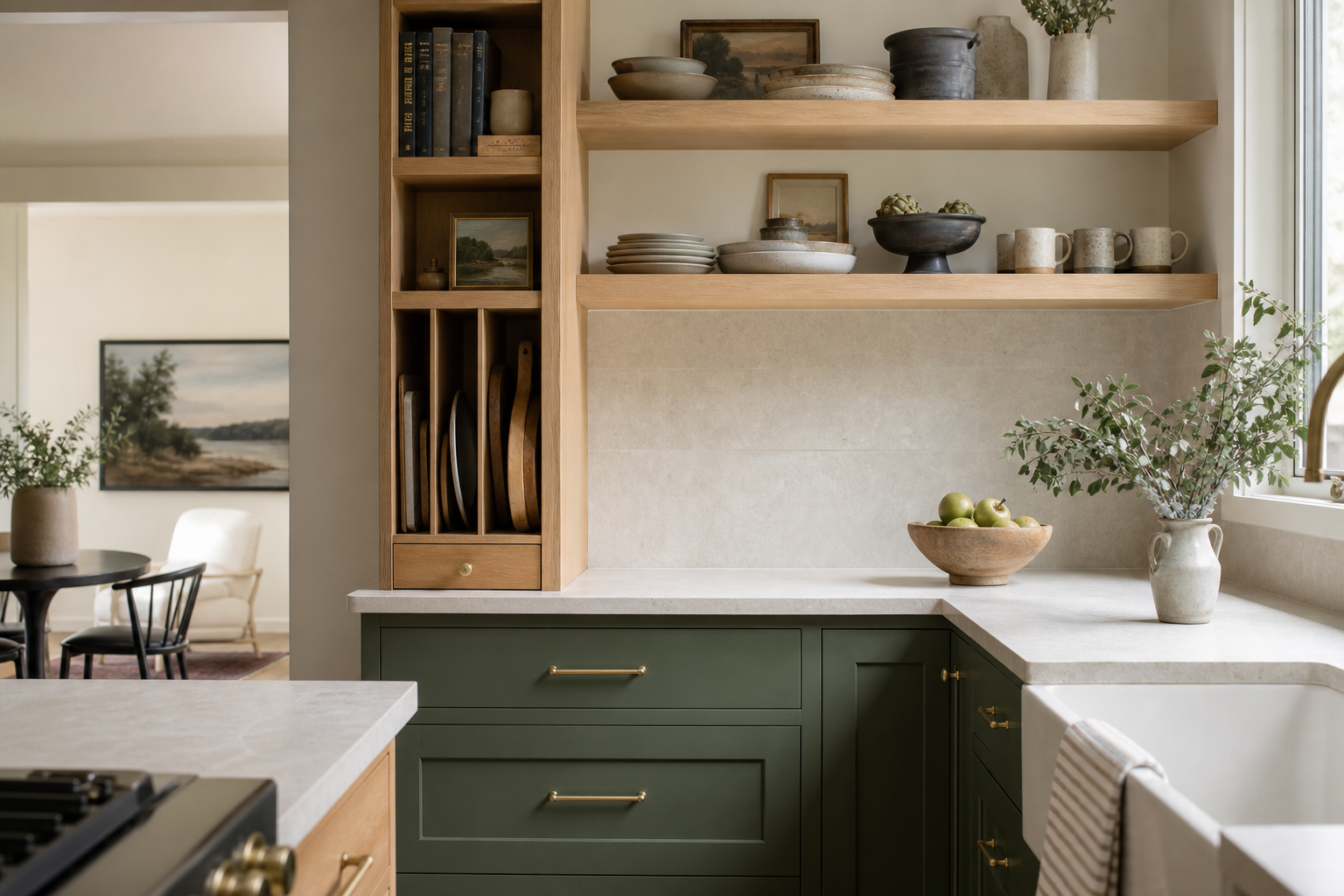 Renovated inner-city Calgary kitchen detail with custom cabinetry and warm oak open shelving