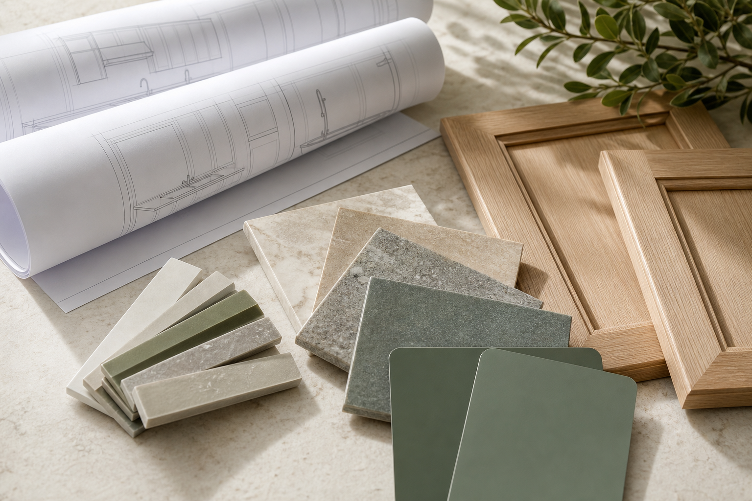 Renovation plans, tile and stone samples, and cabinet finishes laid out on a worktable