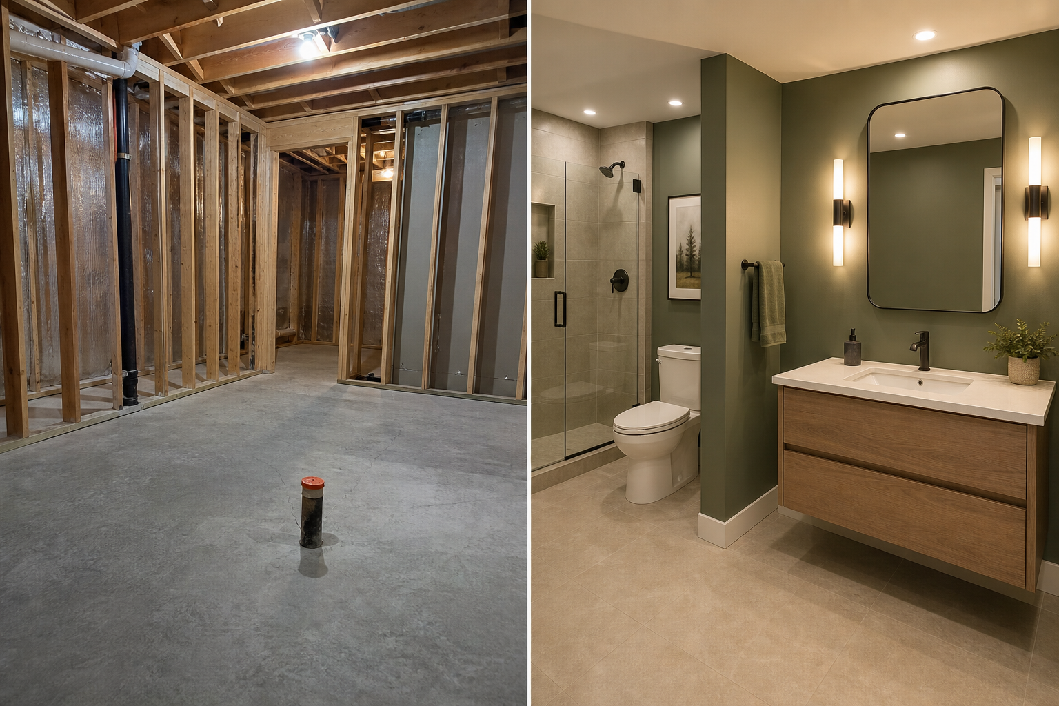Before and after of a Calgary basement corner converted into a finished bathroom with tile floor and vanity