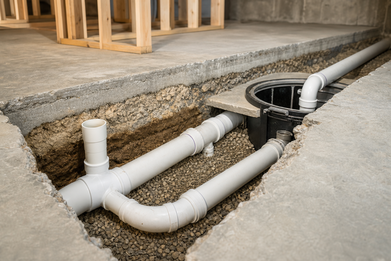 Close-up of basement bathroom drain rough-in and ejector pump connection in an open concrete floor
