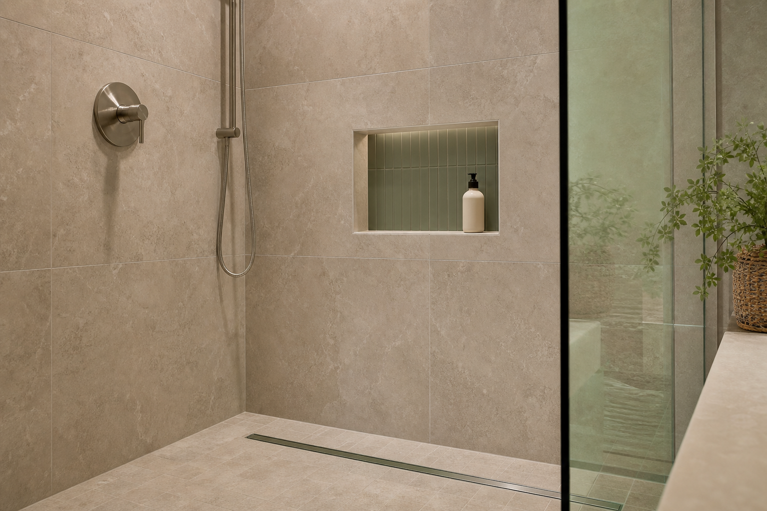Detail of a waterproofed basement shower with large-format tile and a recessed niche in a Calgary home