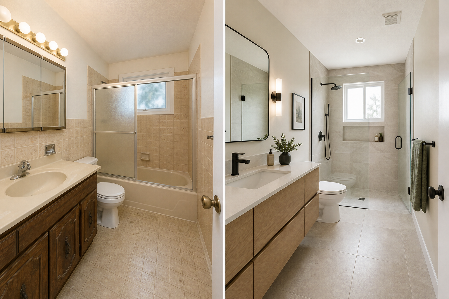 Before and after of a dated Calgary bathroom remodeled with a modern walk-in shower and floating vanity