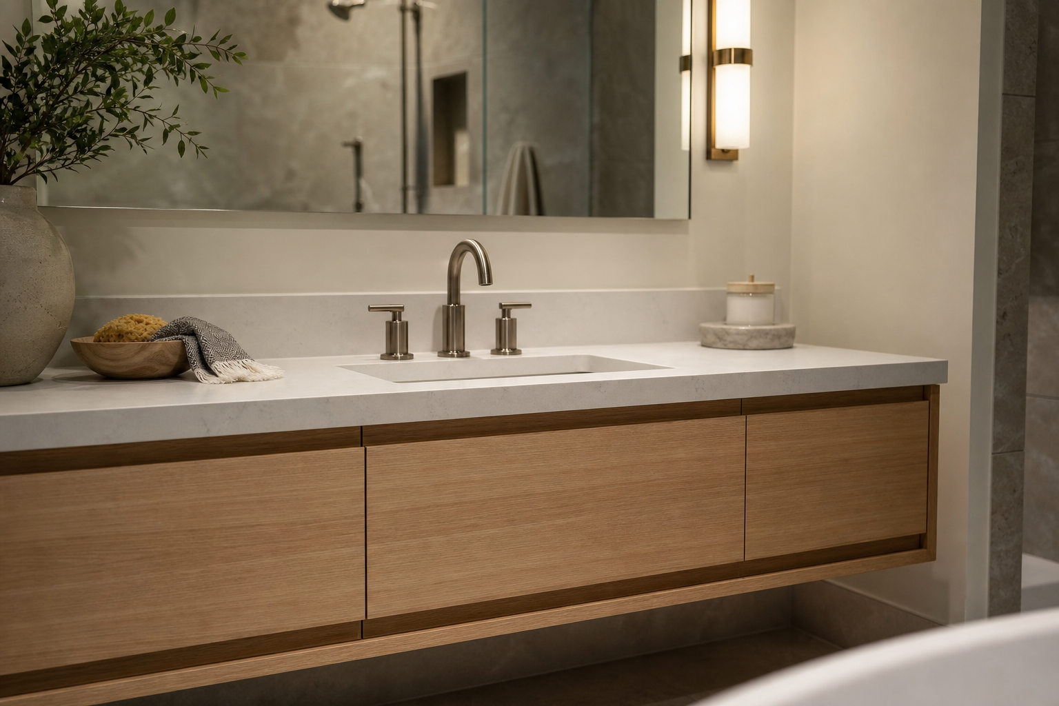 Close-up of a quartz-topped floating wood vanity with brushed fixtures and layered vanity lighting