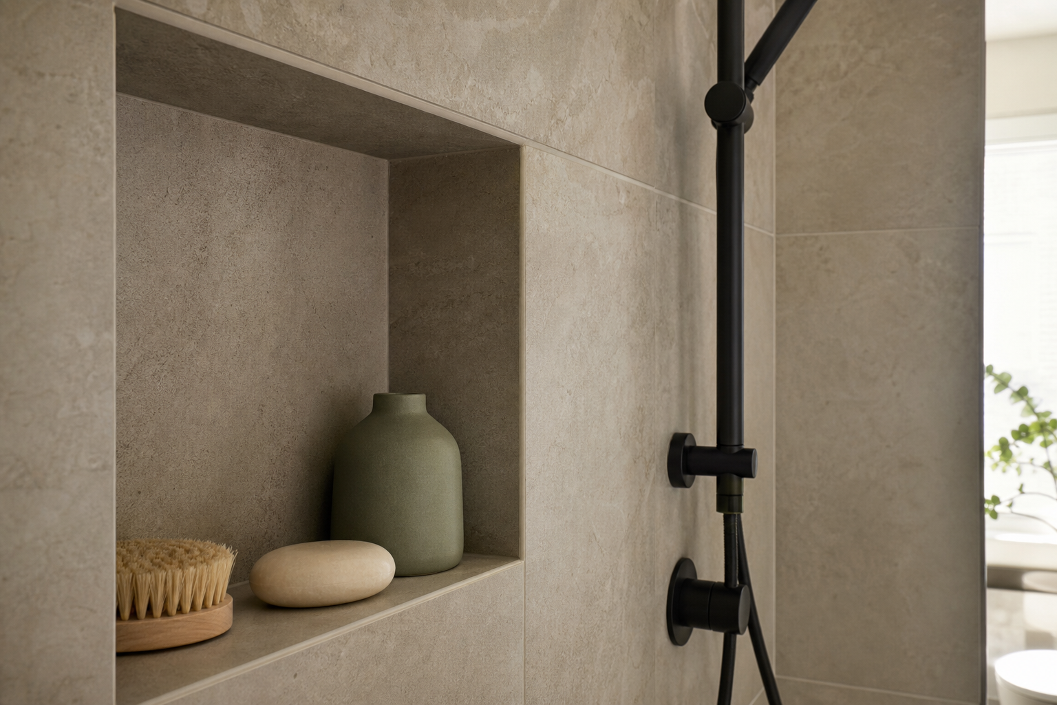 Detail of a tiled shower niche with large-format porcelain tile and a matte black fixture in a Calgary bathroom