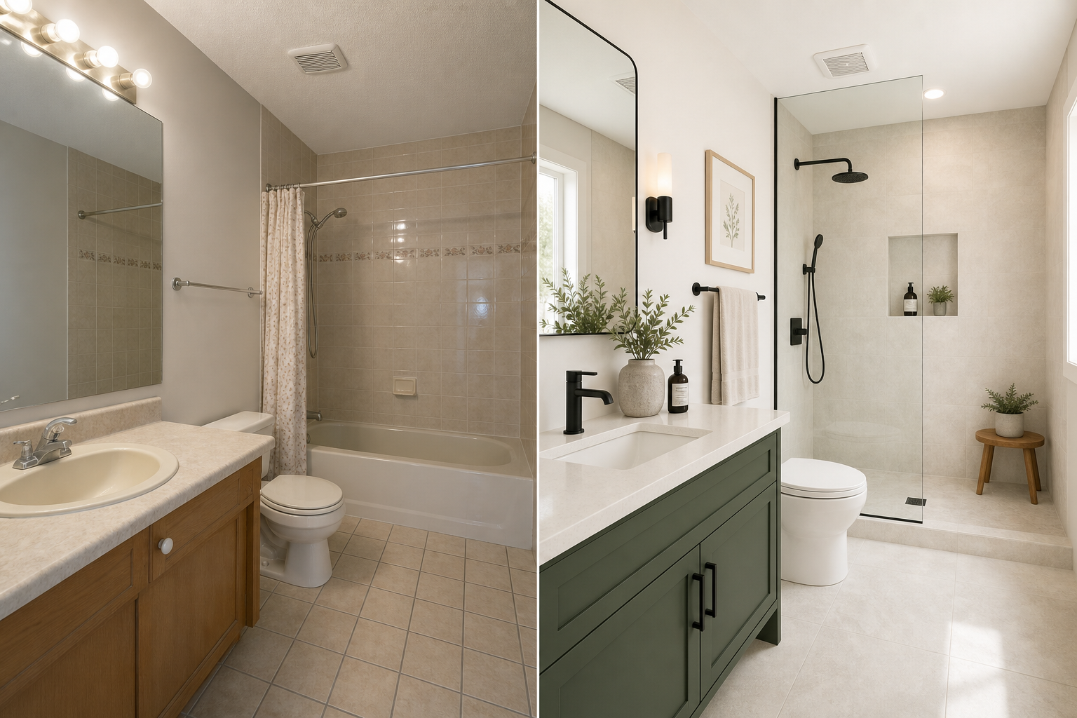Side-by-side of a dated Calgary bathroom and the same space after a clean, durable renovation