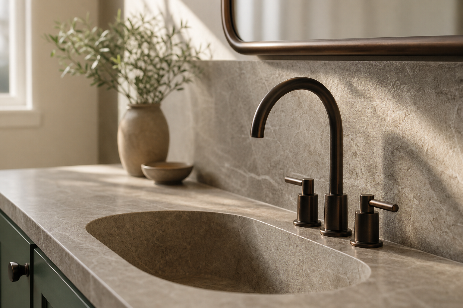 Close-up of a renovated Calgary bathroom vanity with matte tapware and stone surround