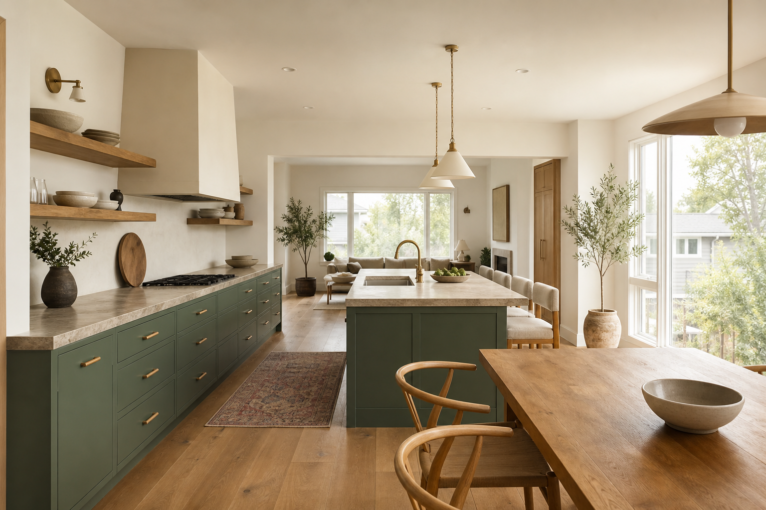 Renovated open-plan Calgary kitchen and dining area with sage cabinetry and warm wood shelving