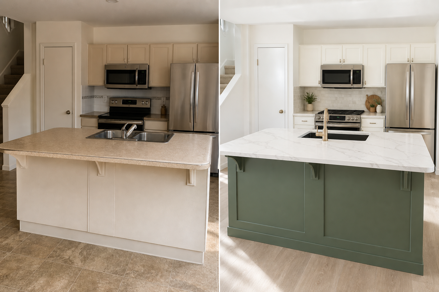 Before and after of a Calgary kitchen island with old laminate replaced by a quartz slab counter