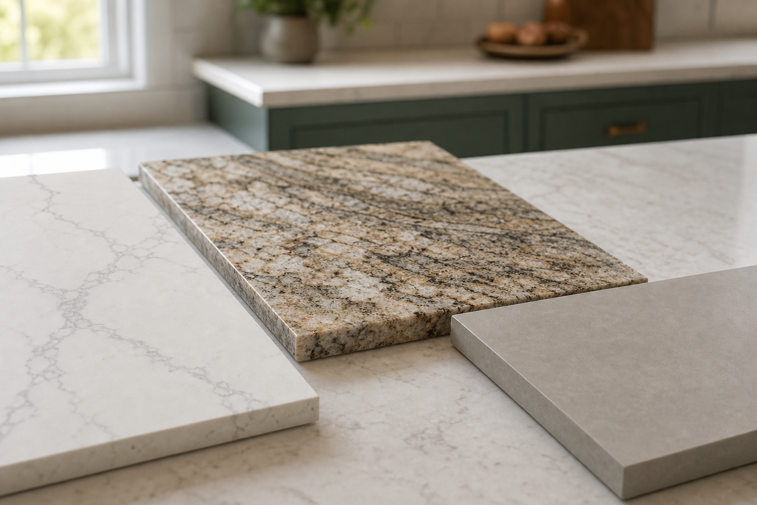 Quartz, granite, and porcelain slab samples laid out on a Calgary kitchen counter in natural light