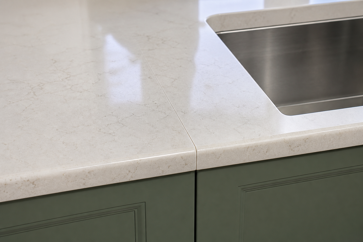 Installer setting a level quartz countertop with a tight matched seam in a Calgary kitchen