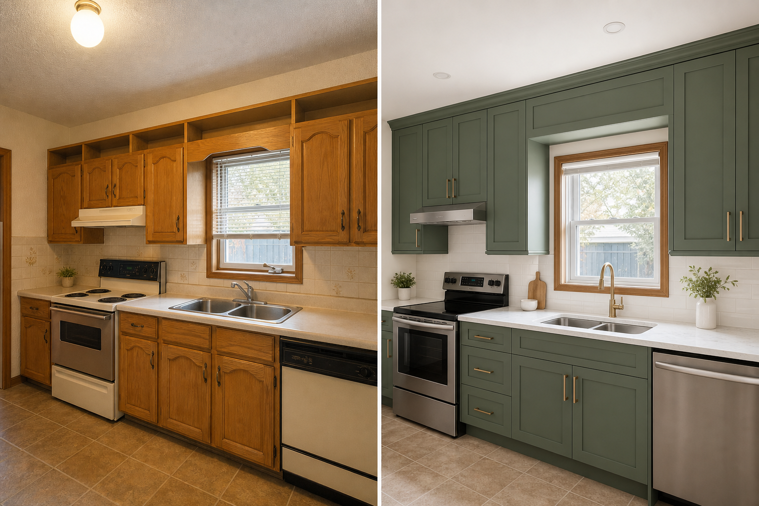 Before and after of a Calgary kitchen showing dated cabinets replaced with full-height custom cabinetry