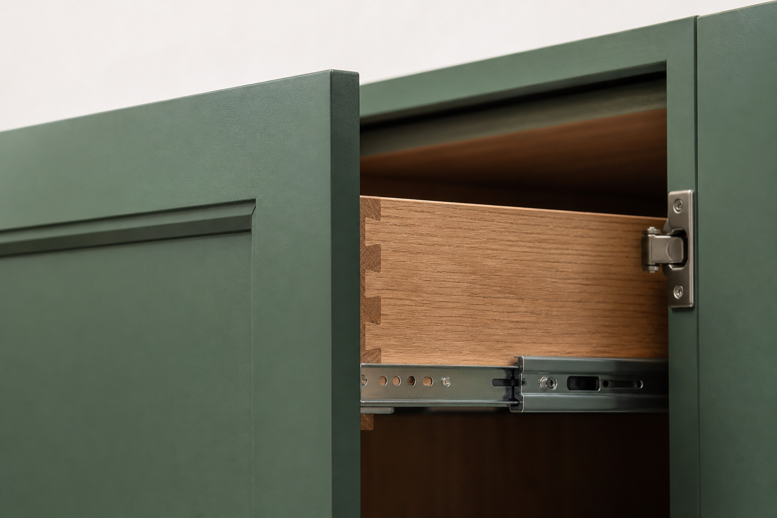 Close-up of a painted shaker cabinet door, dovetail drawer box, and soft-close hinge