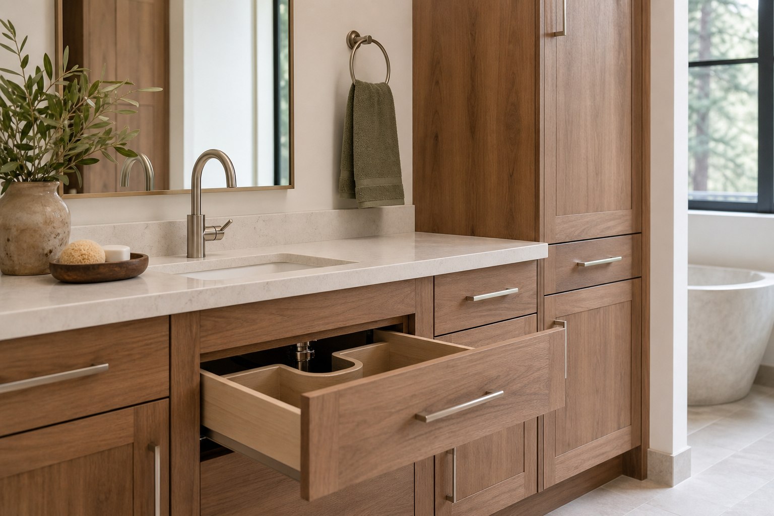 Custom bathroom vanity with full-extension drawers and matching tower cabinet in warm wood