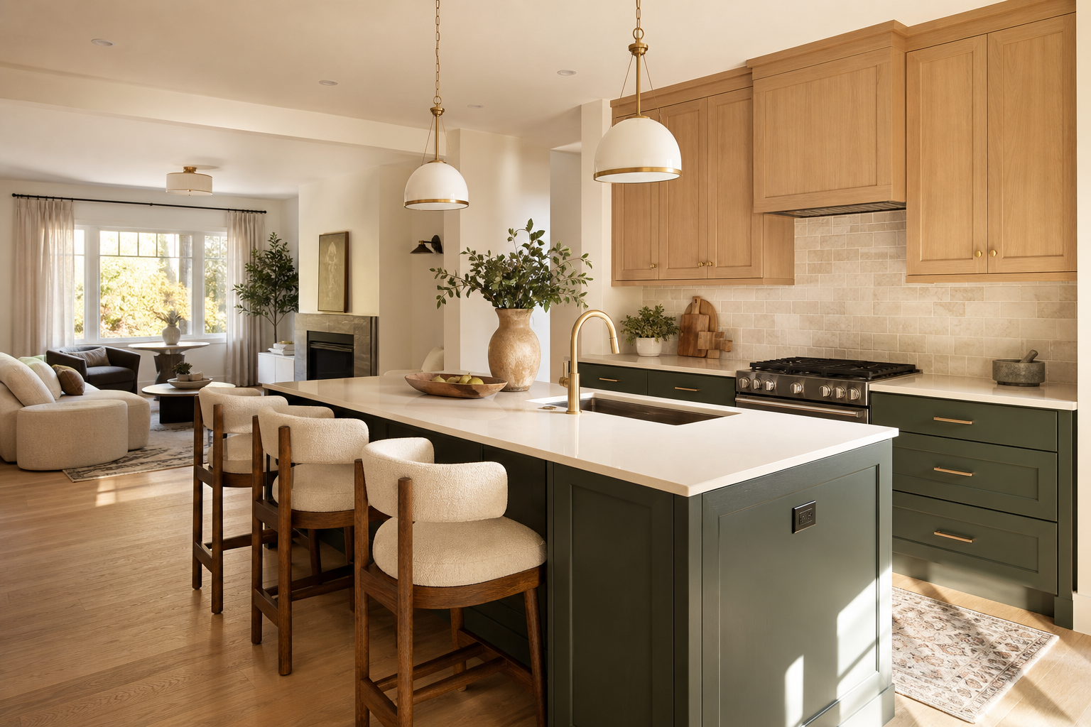 Before and after of a Calgary kitchen remodel showing a dated layout transformed into an open sage-and-oak kitchen