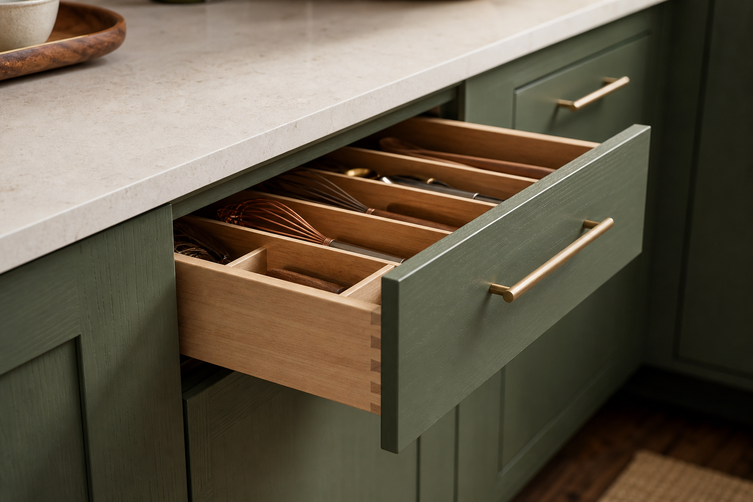 Close-up of custom kitchen cabinetry with soft-close drawers, brass hardware, and a quartz countertop edge