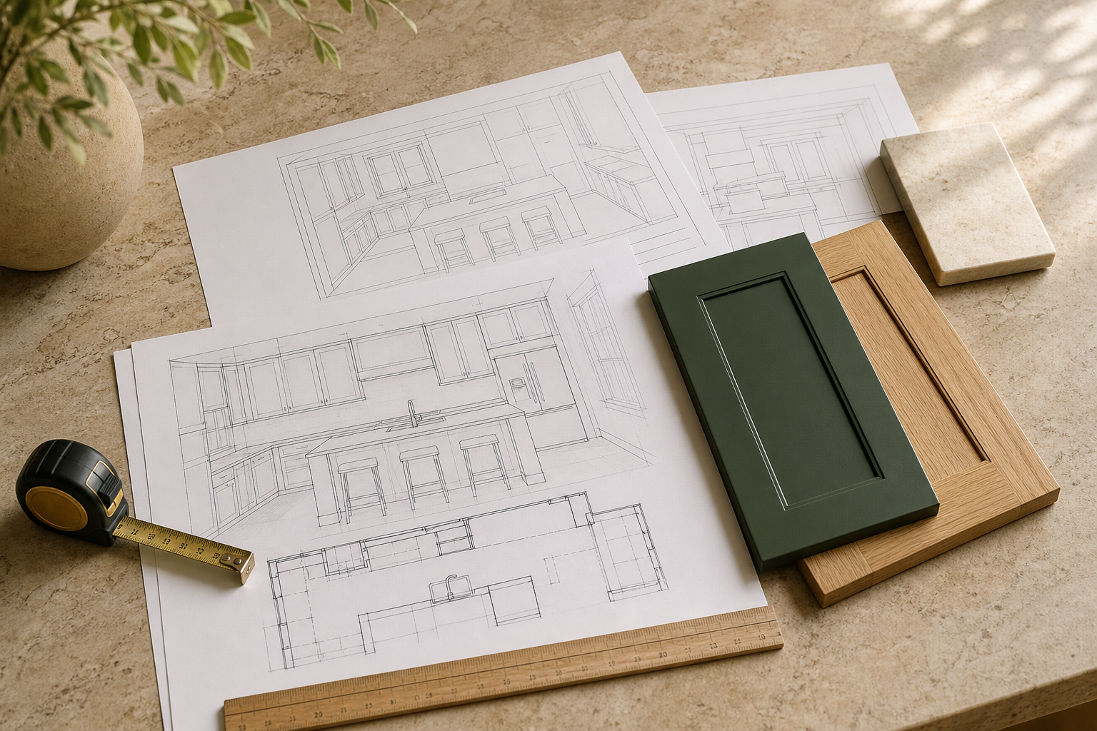 Detailed kitchen layout planning showing cabinet runs, island placement, and traffic flow in a Calgary home