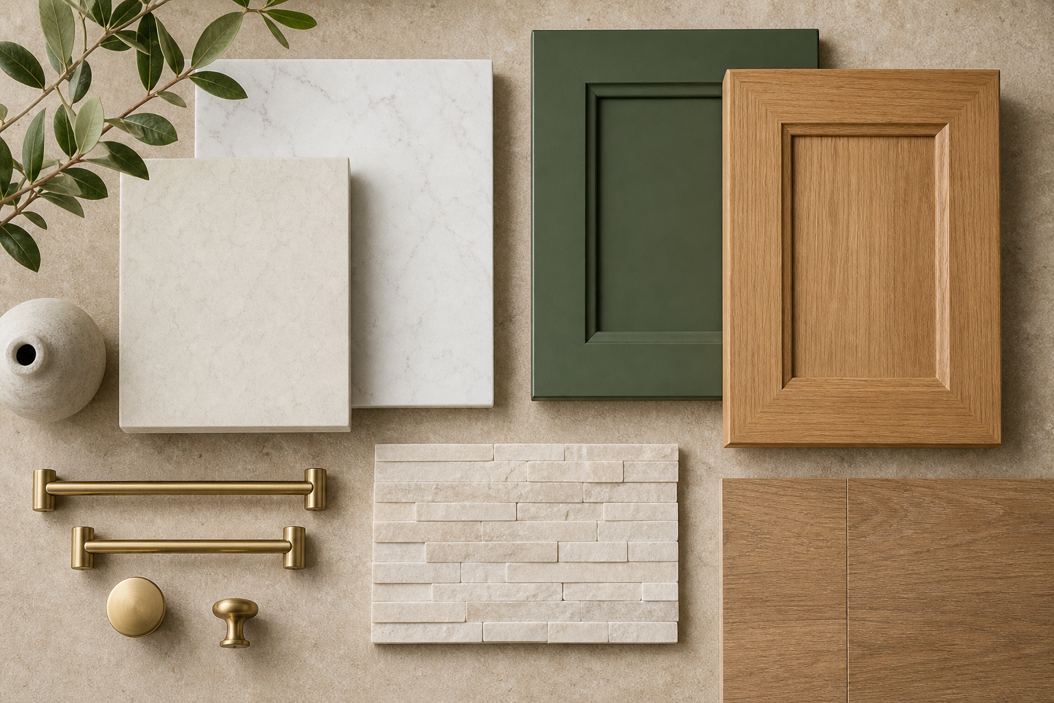Kitchen material selection of quartz countertop samples, cabinet finishes, tile, and hardware in warm tones