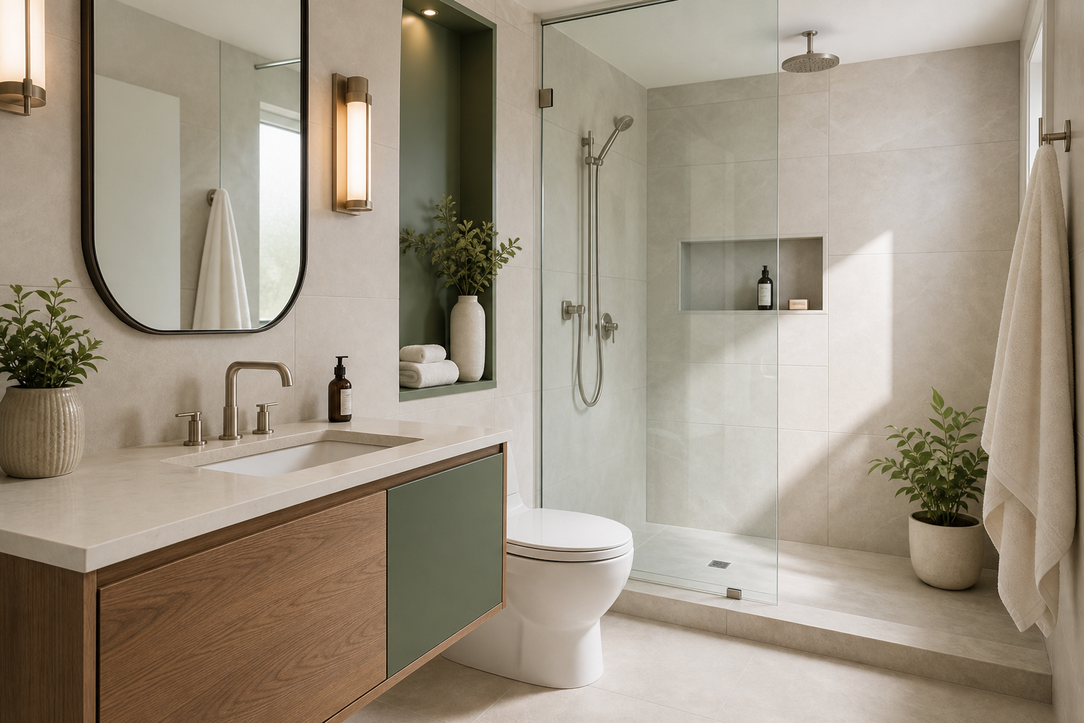 Before and after of a Calgary bathroom renovation showing dated finishes replaced with clean tilework