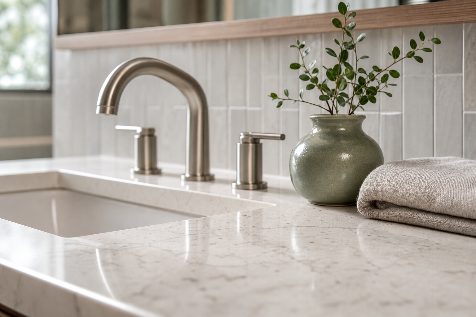 Close-up of a renovated bathroom showing porcelain tile, brushed fixtures and stone vanity top