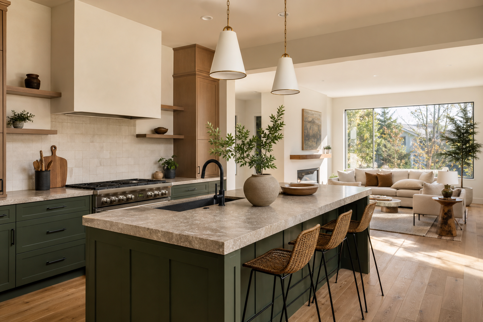 Renovated open kitchen and living space in a Calgary home with island, sage cabinetry and pendant lighting