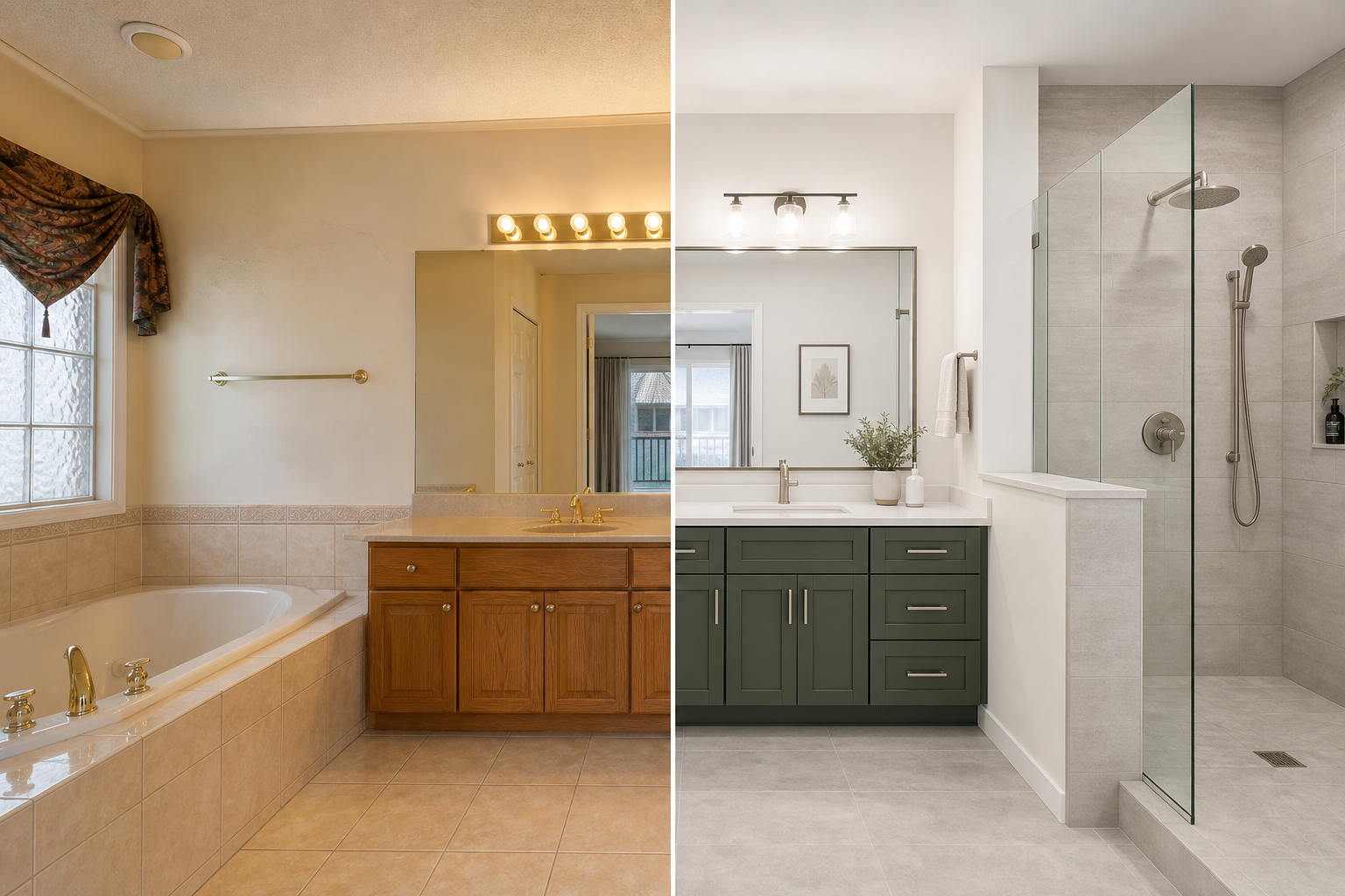 Before and after of a Calgary bathroom renovation, dated tub replaced with a tiled walk-in shower
