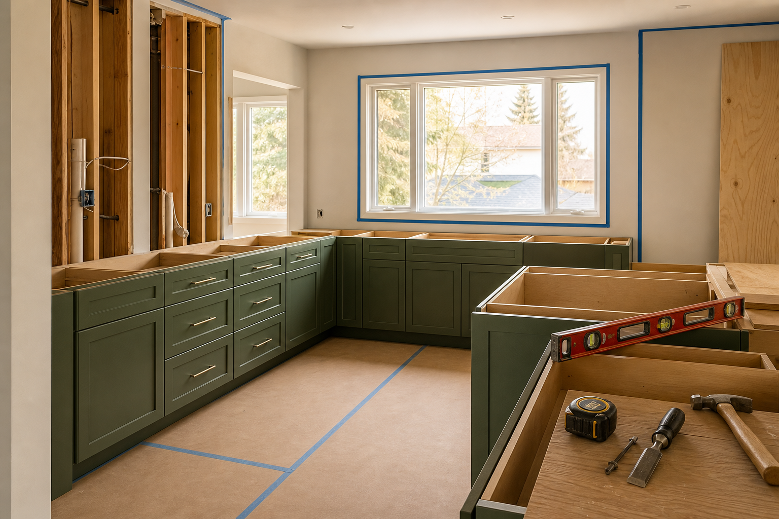 Calgary kitchen renovation mid-build with new cabinetry installed and protected subfloor