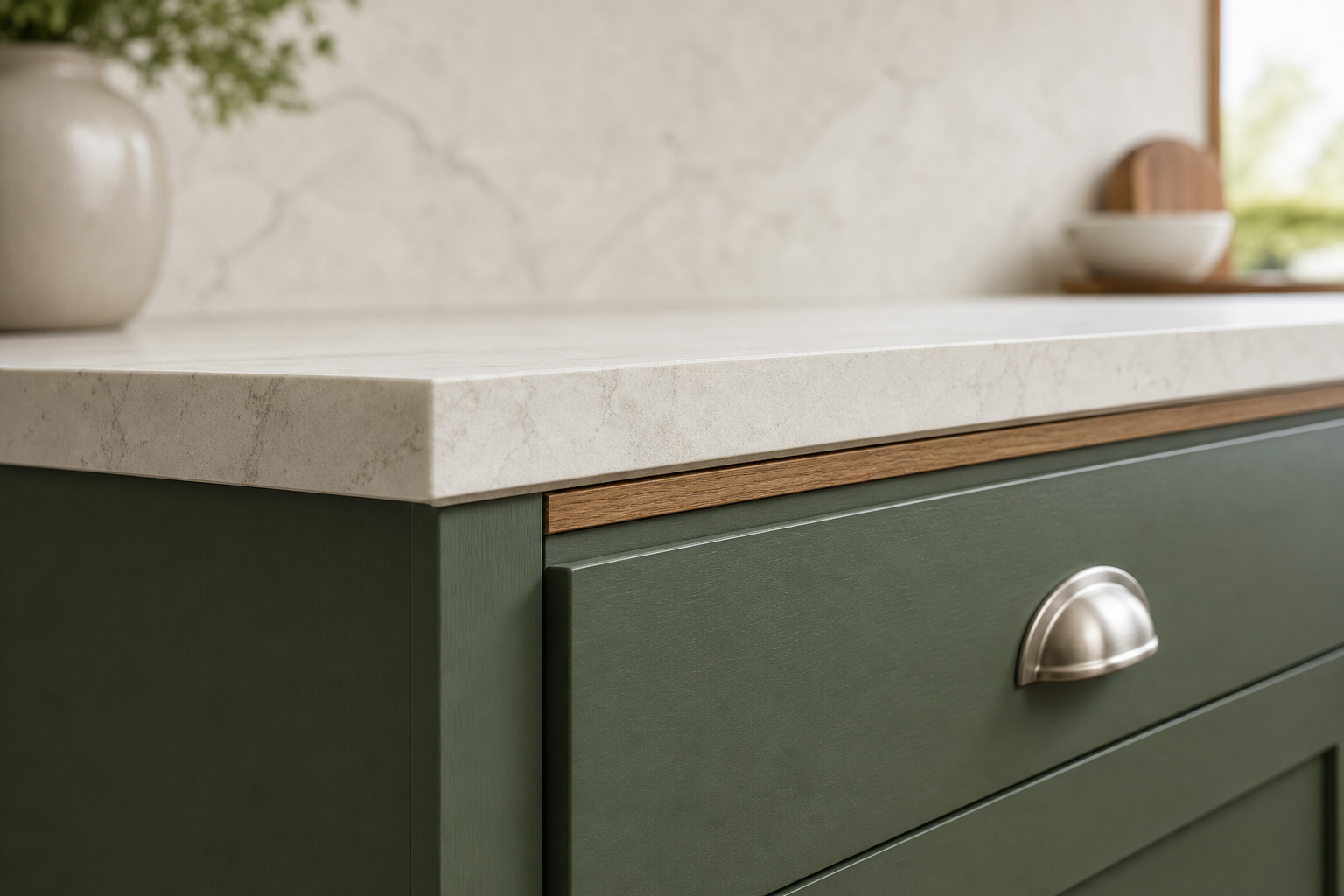 Close-up of a quartz countertop meeting custom shaker cabinetry in a Calgary kitchen