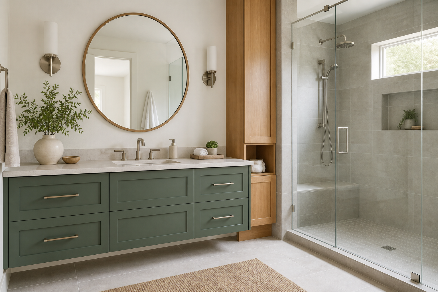 Renovated Calgary ensuite bathroom with sage vanity, brushed fixtures, and tiled walk-in shower