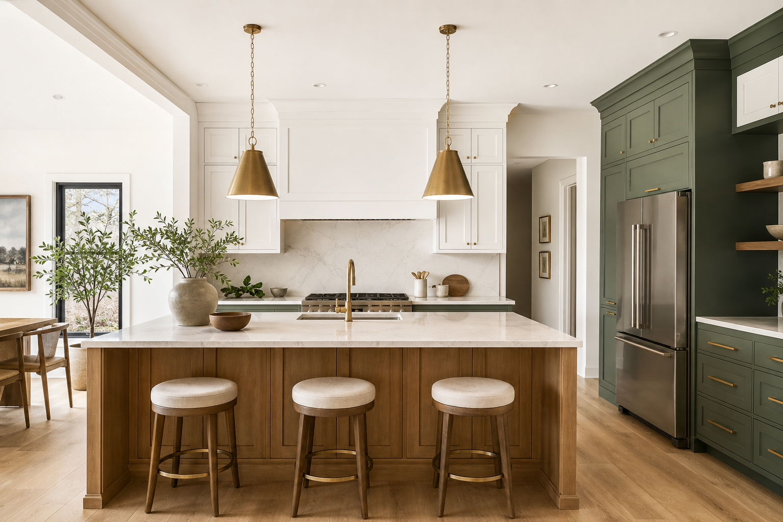 Finished Calgary kitchen renovation with island, pendant lighting, and warm wood and sage cabinetry