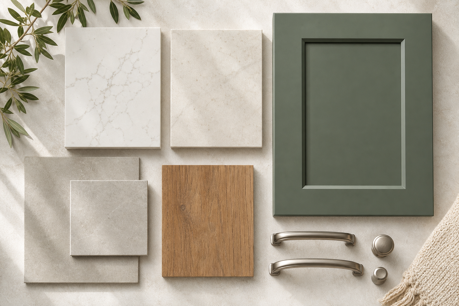 Finish selection flat-lay of quartz samples, tile, cabinet door, and brushed hardware on warm stone