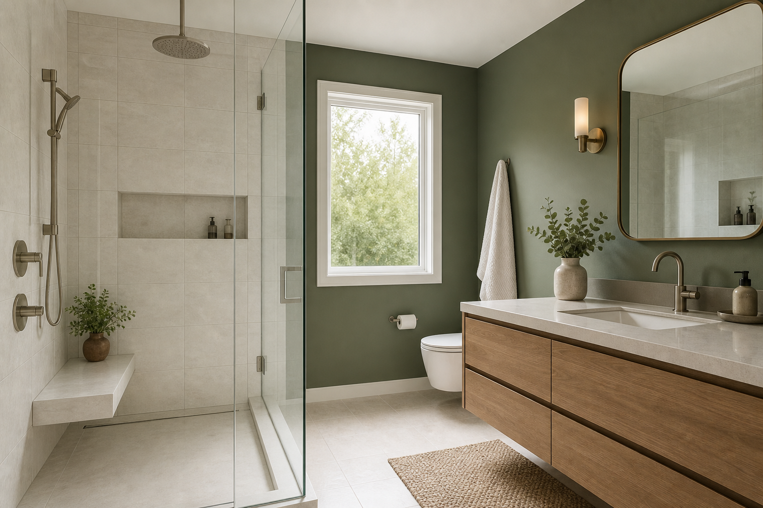 Renovated Calgary bathroom with tiled walk-in shower, floating vanity, and warm stone finishes