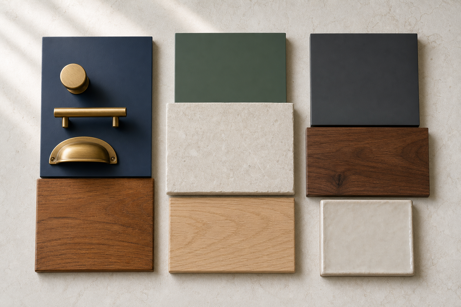 Three Calgary kitchen and bath design palettes — navy and brass, sage and stone, charcoal and walnut