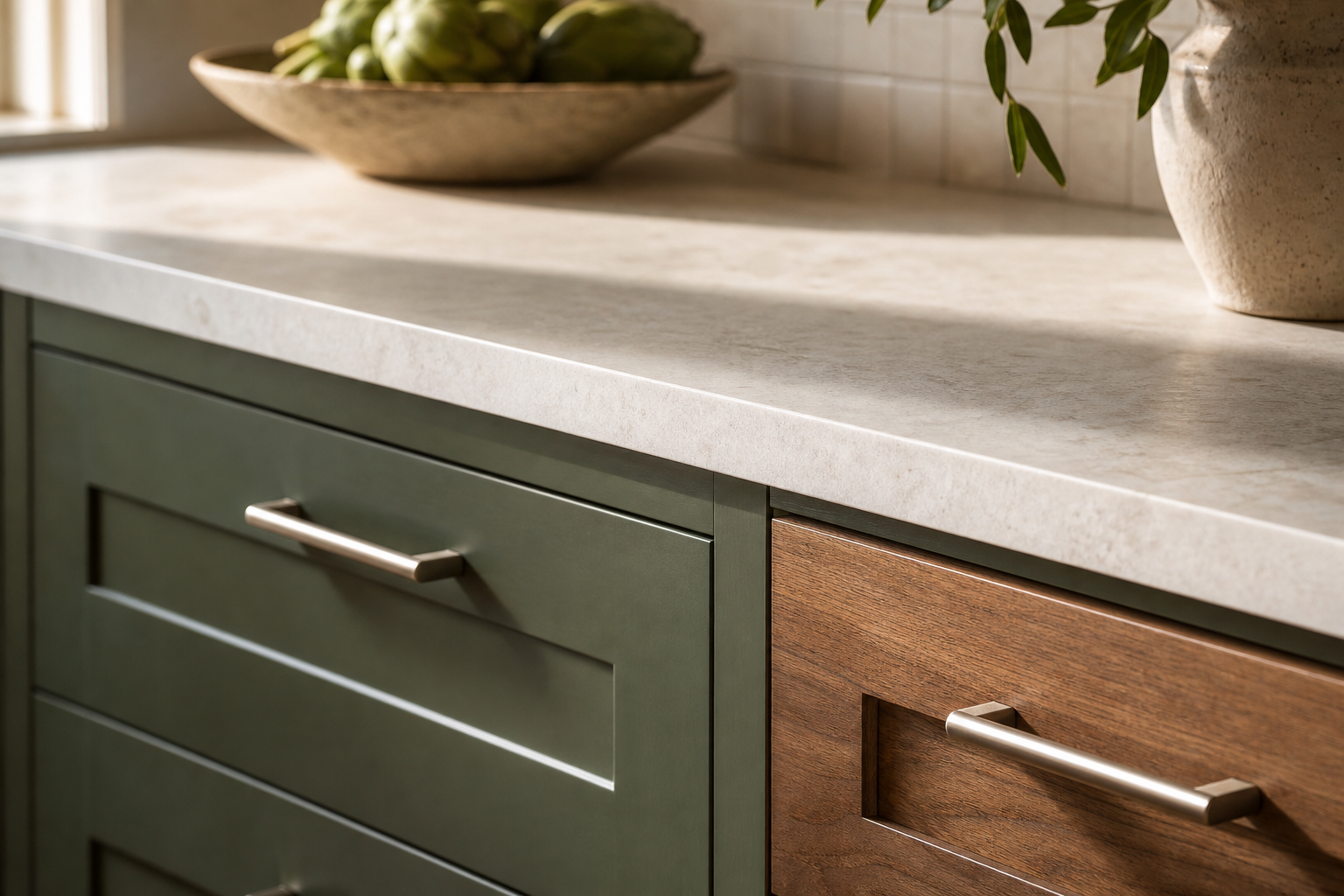 Close-up of a renovated Calgary kitchen showing stone countertop, brushed hardware, and warm wood cabinetry detail